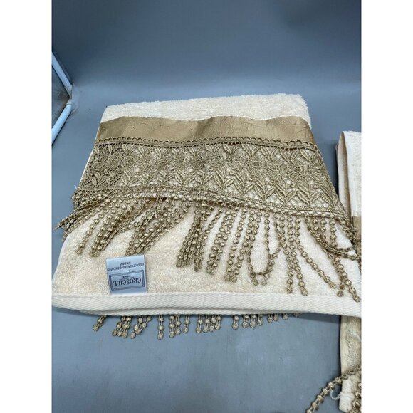 croscill home 3 piece bath towel set RN 21857 floral fringe cotton cream READ - Picture 4 of 10